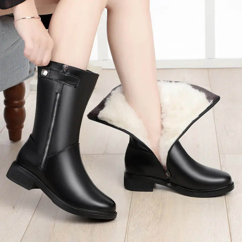Genuine Leather Women’s Mid-Calf Boots with Wool Lining