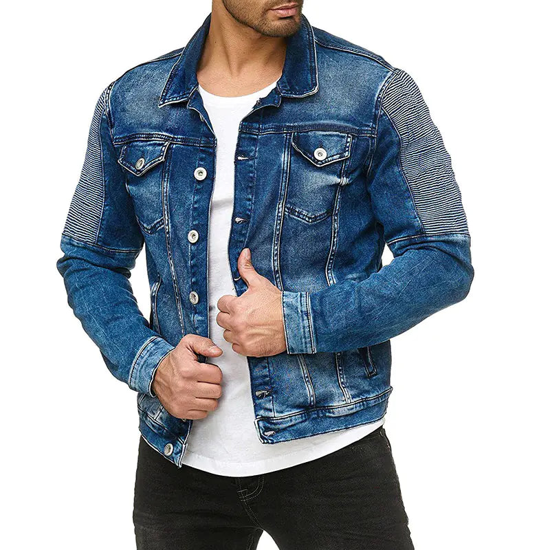 Men's Fashionable Washed Pocket Wrinkled Denim Jacket