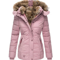 Pink winter coat with fur-lined hood on a white background