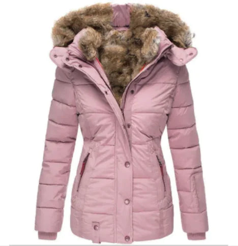 Pink winter coat with fur-lined hood on a white background