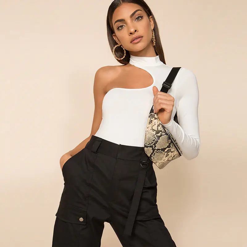 Winter Women's High Neck One Shoulder Cut-out Bodysuit