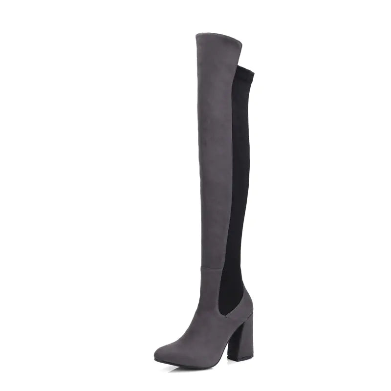 Gray knee-high boot on a white background